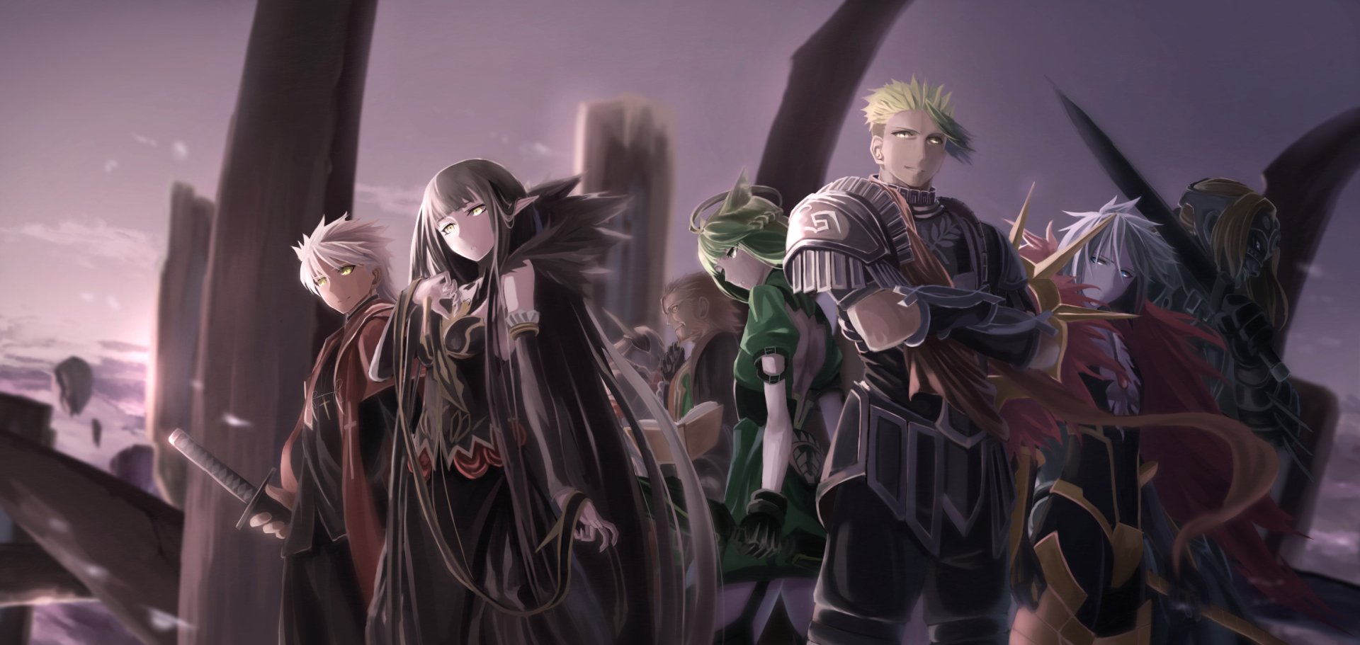 A group of characters from Fate/Apocrypha, including William Shakespeare, Spartacus, and Semiramis, standing together in an anime-style HD desktop wallpaper background.