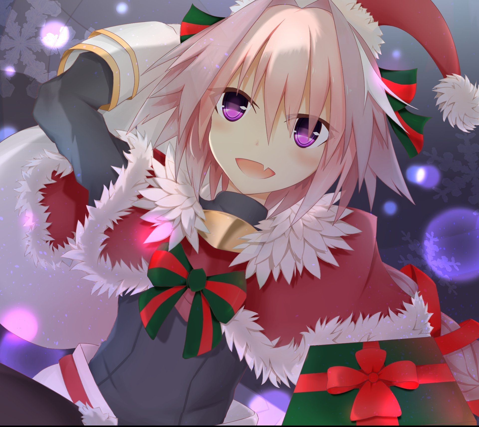 HD anime desktop wallpaper featuring Rider of Black from Fate/Apocrypha, showcasing her with pink hair and purple eyes in a festive red and white outfit.