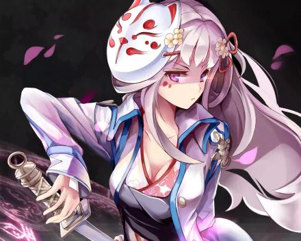 Anime-style original character with long hair, purple eyes, and a decorative mask, holding a sword amid falling petals in an HD PC desktop wallpaper.
