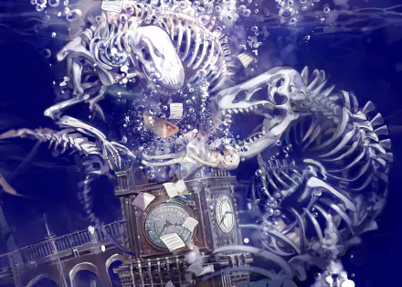 Anime original HD PC desktop wallpaper: deep blue underwater scene with swirling skeletal beasts and bubbles around a submerged clock tower, scattered bones.