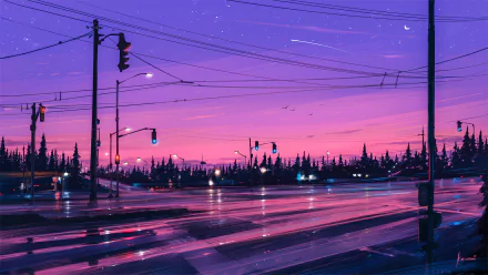 An anime-style HD wallpaper depicting an evening city street with traffic lights, a starry sky, silhouetted trees, and vibrant colors.