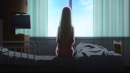 A scene from Your Lie in April showing an anime character sitting on a bed, gazing out a window. HD desktop wallpaper.
