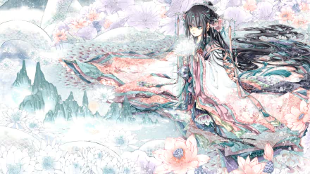 Anime artwork featuring a character in a flowing kimono, surrounded by ethereal landscapes and delicate flowers. This HD desktop wallpaper and background exudes a sense of fantasy and tranquility.