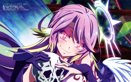 HD desktop wallpaper featuring Jibril from the anime No Game No Life, showcasing her with vibrant purple hair and a skull, surrounded by a colorful and dynamic background.