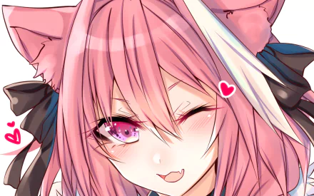 HD anime desktop wallpaper featuring Rider of Black from Fate/Apocrypha with pink hair, cat ears, and a playful wink, capturing vibrant and detailed artwork.