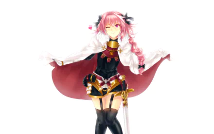 Astolfo from Fate/Apocrypha in a black dress and thigh highs, winking with a braid and holding a sword, depicted as Rider of Black in vibrant anime style.
