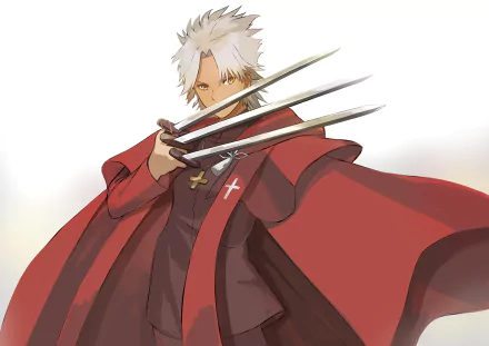 HD anime desktop wallpaper featuring Shirou Kotomine from Fate/Apocrypha with white hair, red clerical robe, and extended claw-like weapons.