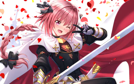 An HD desktop wallpaper featuring Rider of Black from Fate/Apocrypha. The character is smiling while holding a sword, with rose petals scattered in the background.