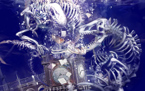 Anime original HD PC desktop wallpaper: deep blue underwater scene with swirling skeletal beasts and bubbles around a submerged clock tower, scattered bones.