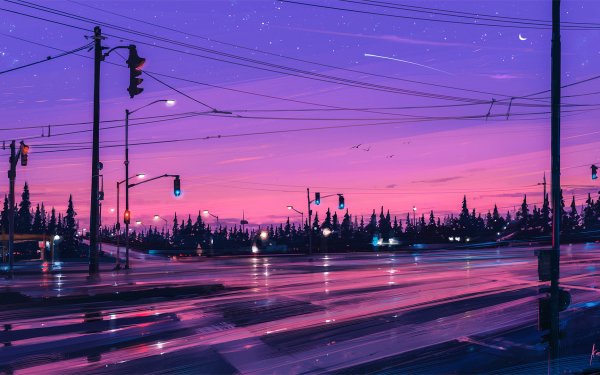Anime Original Traffic Light Rue Ville Arbre Evening Etoiles Fond d'écran HD | Image
