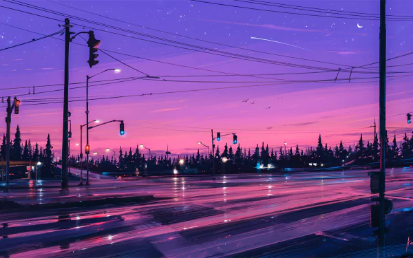 An anime-style HD wallpaper depicting an evening city street with traffic lights, a starry sky, silhouetted trees, and vibrant colors.
