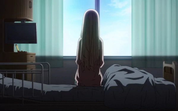 A scene from Your Lie in April showing an anime character sitting on a bed, gazing out a window. HD desktop wallpaper.