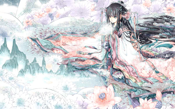 Anime artwork featuring a character in a flowing kimono, surrounded by ethereal landscapes and delicate flowers. This HD desktop wallpaper and background exudes a sense of fantasy and tranquility.