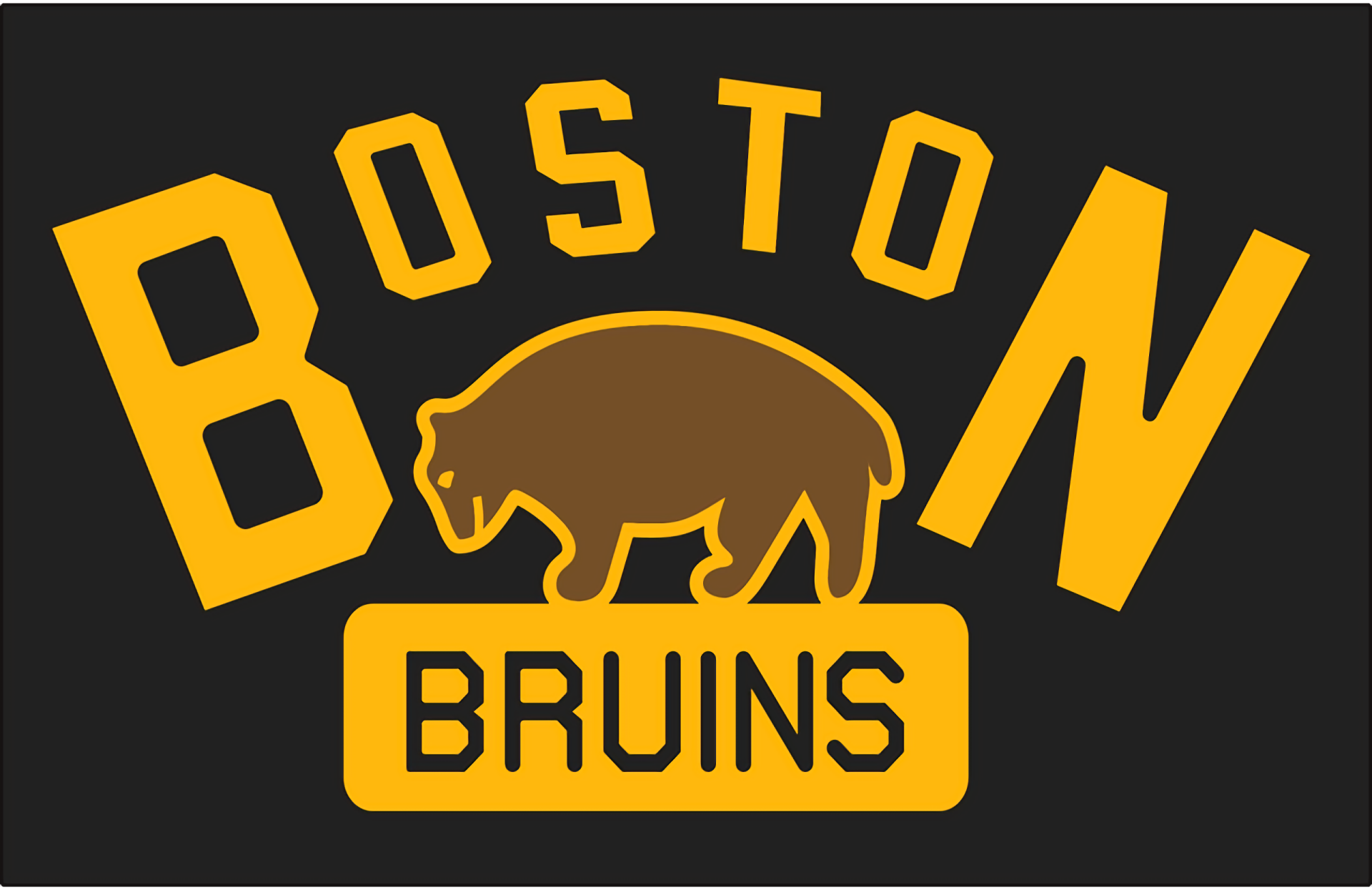 HD PC desktop wallpaper featuring the Boston Bruins logo with bold yellow lettering and a bear icon on a black background, representing the sports team.
