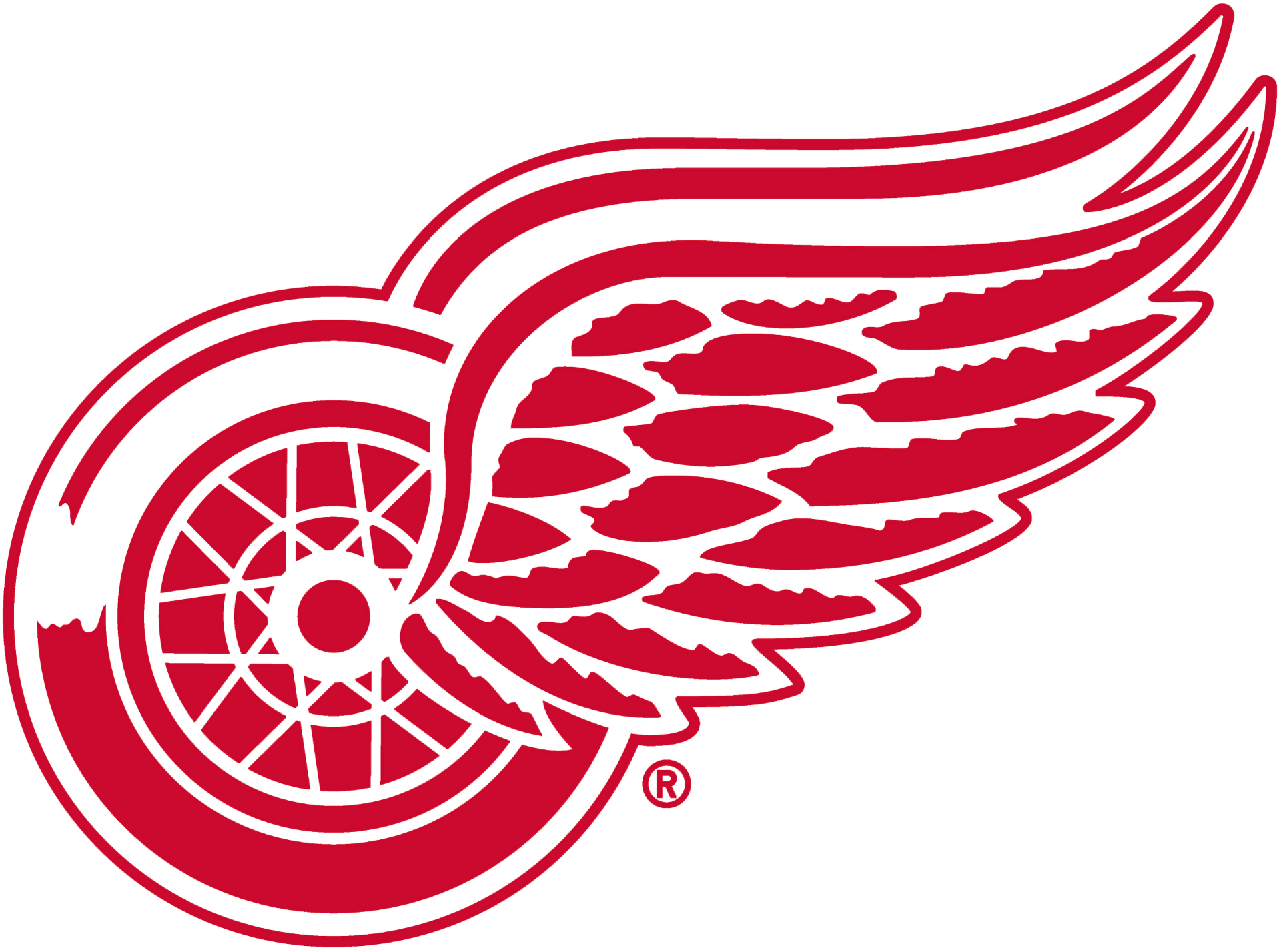 Red Detroit Red Wings winged-wheel logo on white background, 2K Quad HD PC desktop wallpaper and sports background
