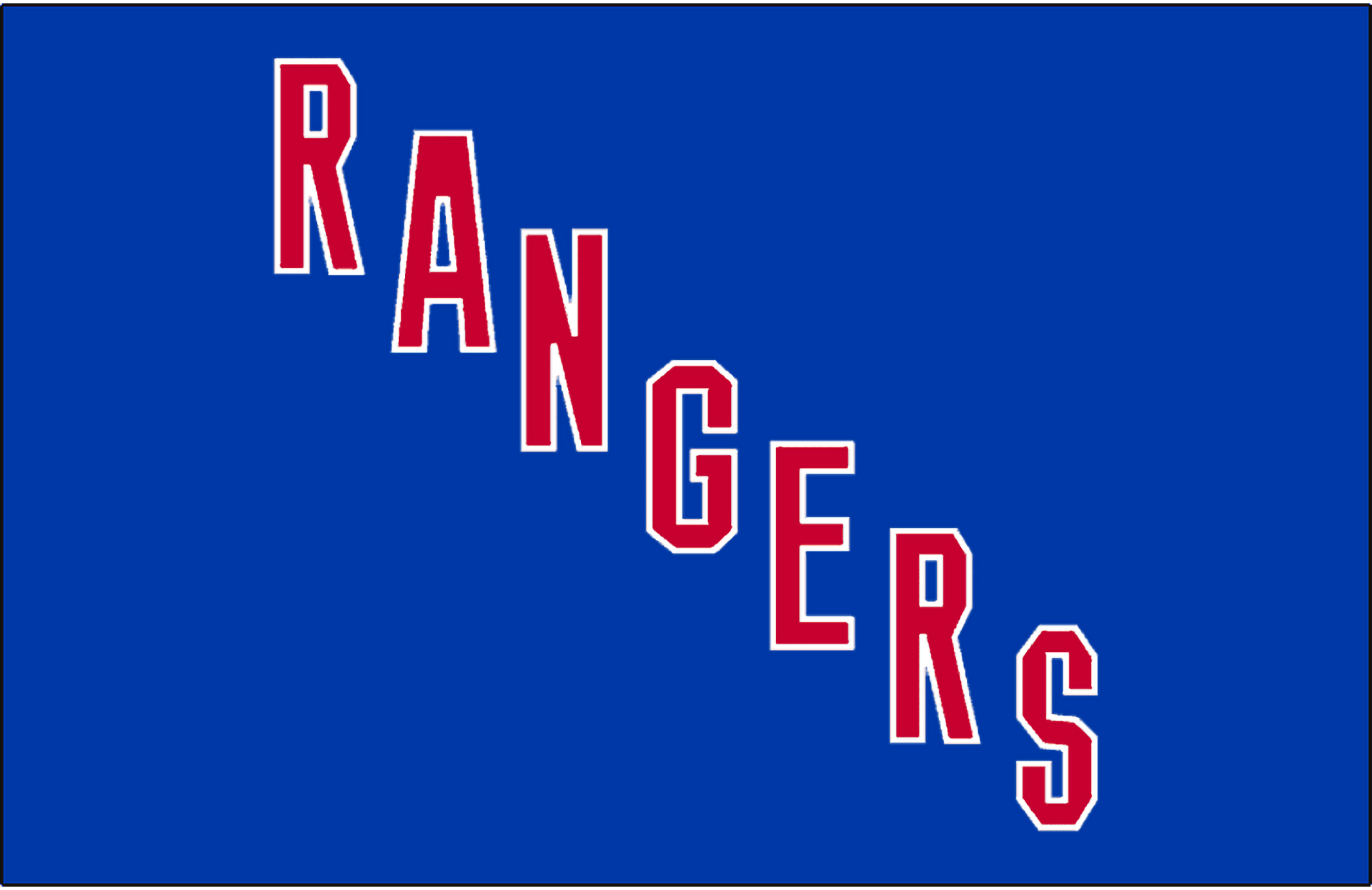 HD PC desktop wallpaper featuring the New York Rangers team name in bold red and white letters on a blue background.