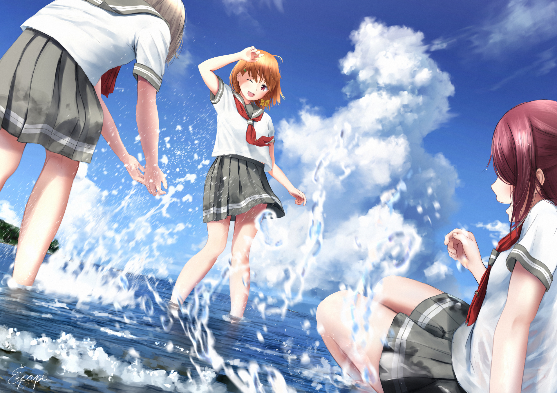 You Watanabe, Chika Takami and Riko Sakurauchi from the anime Love Live! Sunshine!! splash in shallow sea under a bright blue sky — HD PC desktop wallpaper/background.