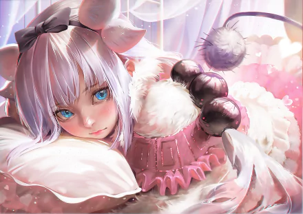 An HD desktop wallpaper featuring Kanna Kamui from Miss Kobayashi's Dragon Maid. She has white hair, blue eyes, and a soft, serene expression, lying down amid fluffy, pink surroundings.