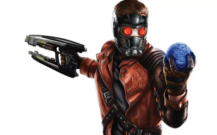 HD PC desktop wallpaper featuring Star Lord from the Guardians of the Galaxy movie, holding a small blue planet in one hand and a futuristic blaster in the other.