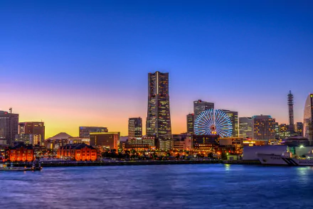 Sunset view of Yokohama city skyline featuring skyscrapers, a ferris wheel, and waterfront buildings under a clear sky.