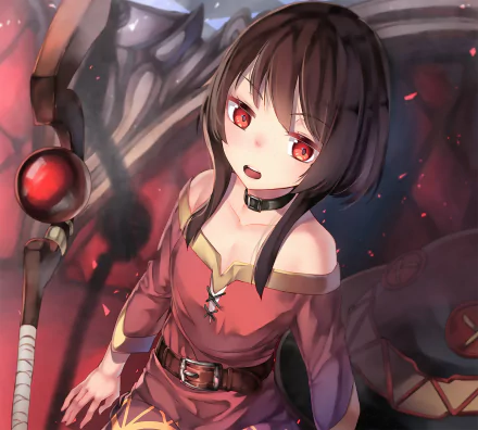 HD desktop wallpaper featuring Megumin from the anime KonoSuba - God’s Blessing on This Wonderful World!! She is portrayed with her staff and red outfit, set against a dark, mystical background.