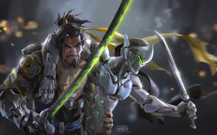 HD desktop wallpaper featuring Genji and Hanzo Shimada from the video game Overwatch, both wielding swords and standing ready for battle.