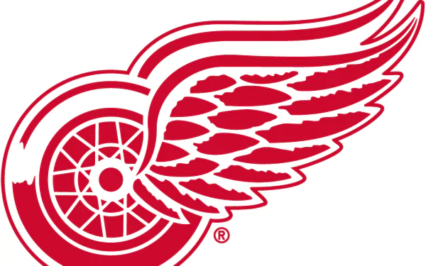 Red Detroit Red Wings winged-wheel logo on white background, 2K Quad HD PC desktop wallpaper and sports background