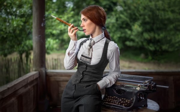 Women Model Smoking Redhead Depth Of Field Typewriter HD Wallpaper | Background Image