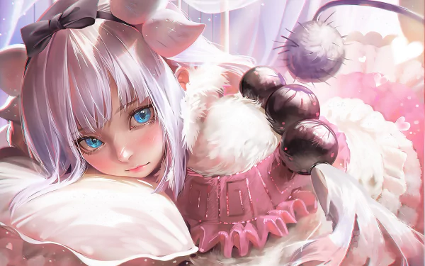 An HD desktop wallpaper featuring Kanna Kamui from Miss Kobayashi's Dragon Maid. She has white hair, blue eyes, and a soft, serene expression, lying down amid fluffy, pink surroundings.