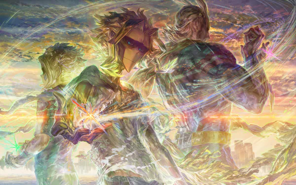 HD desktop wallpaper featuring Toshinori Yagi as All Might from the anime My Hero Academia, depicted in an artistic, vibrant background.