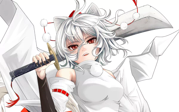 HD anime desktop wallpaper featuring Momiji Inubashiri from Touhou, showcasing her white hair, wolf ears, and a sword in a dynamic pose.