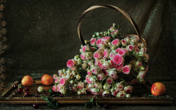 cherry nectarine basket rose flower photography still life HD Desktop Wallpaper | Background Image