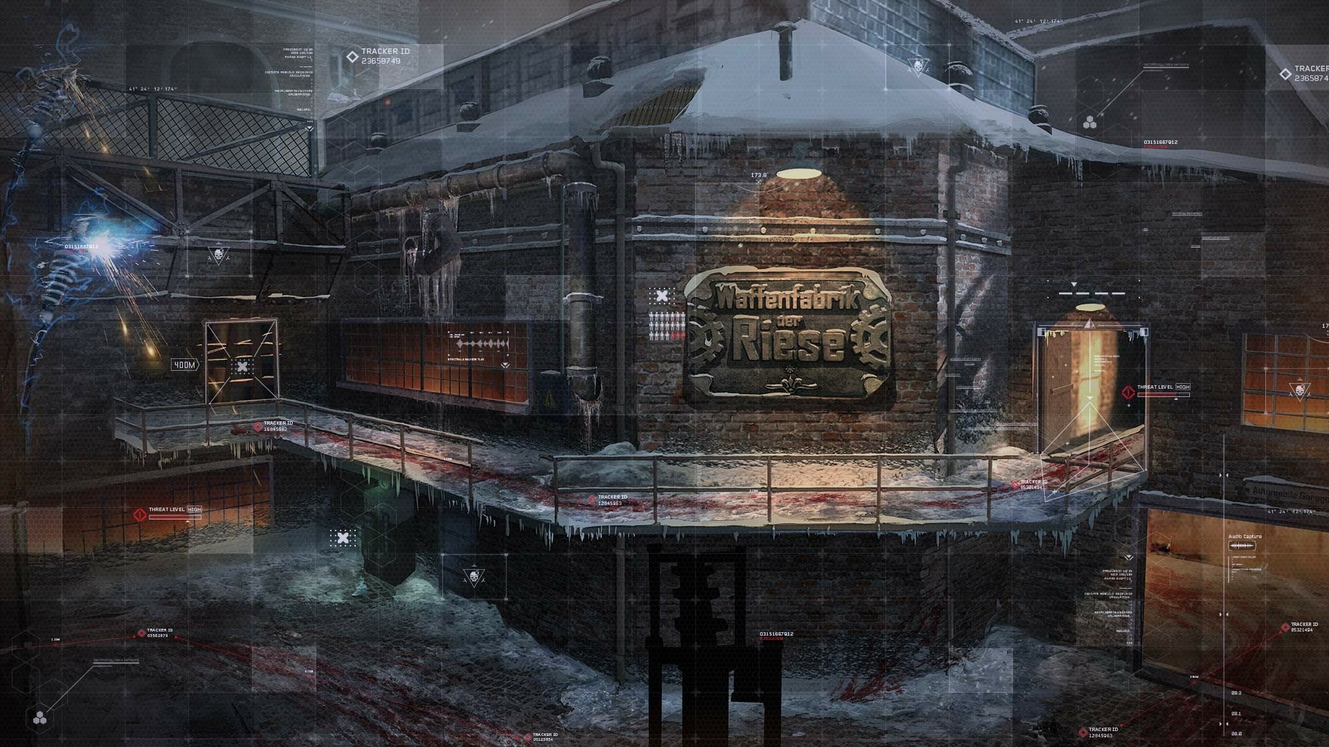 HD PC desktop wallpaper of a snowy industrial map from Call of Duty: Black Ops III — fortified compound with catwalks, rusted signage and cold tactical lighting.