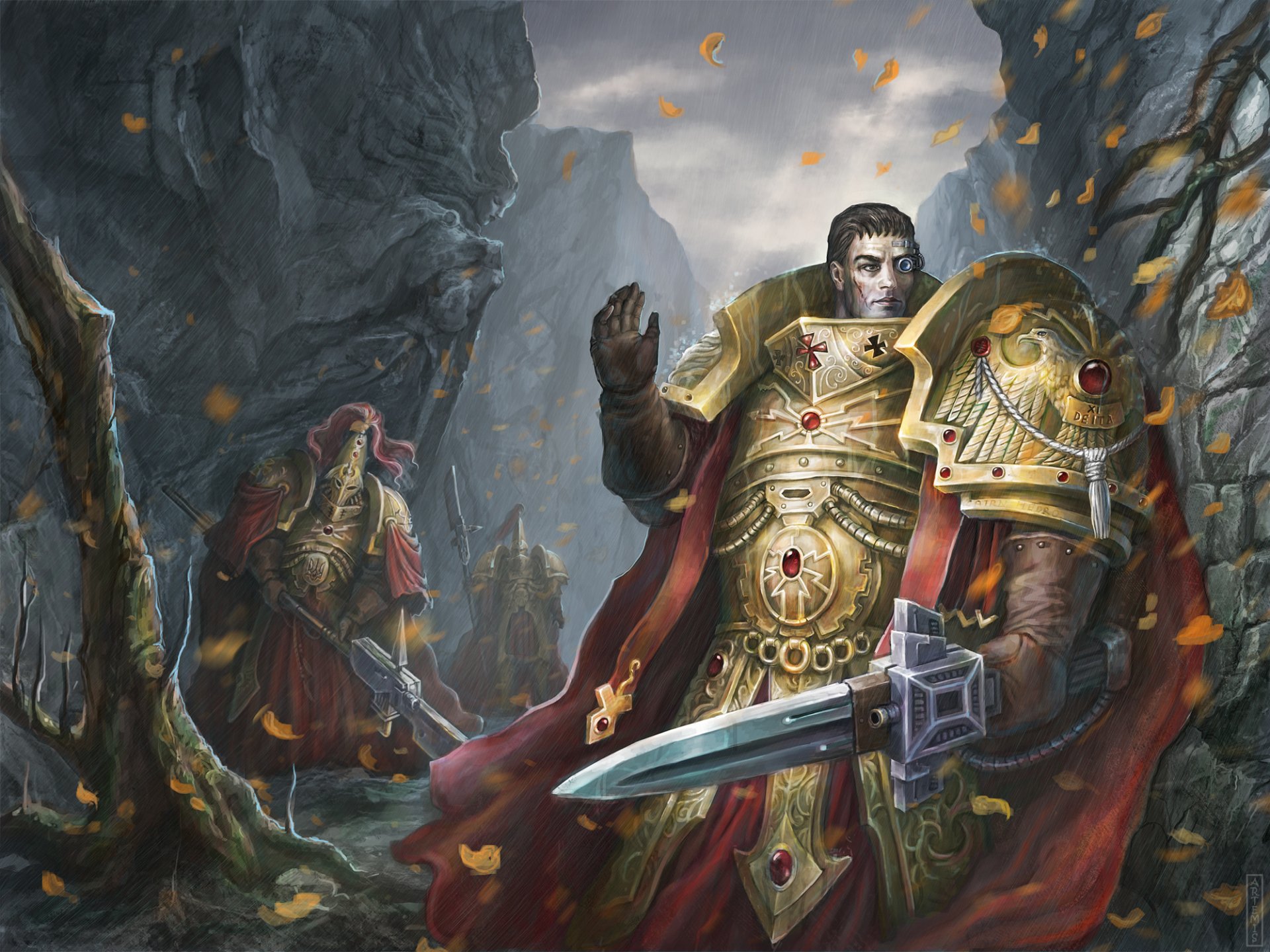 HD PC desktop wallpaper featuring a Warhammer 40k Space Marine clad in ornate armor, standing in a rocky, autumnal battlefield with another warrior in the background.