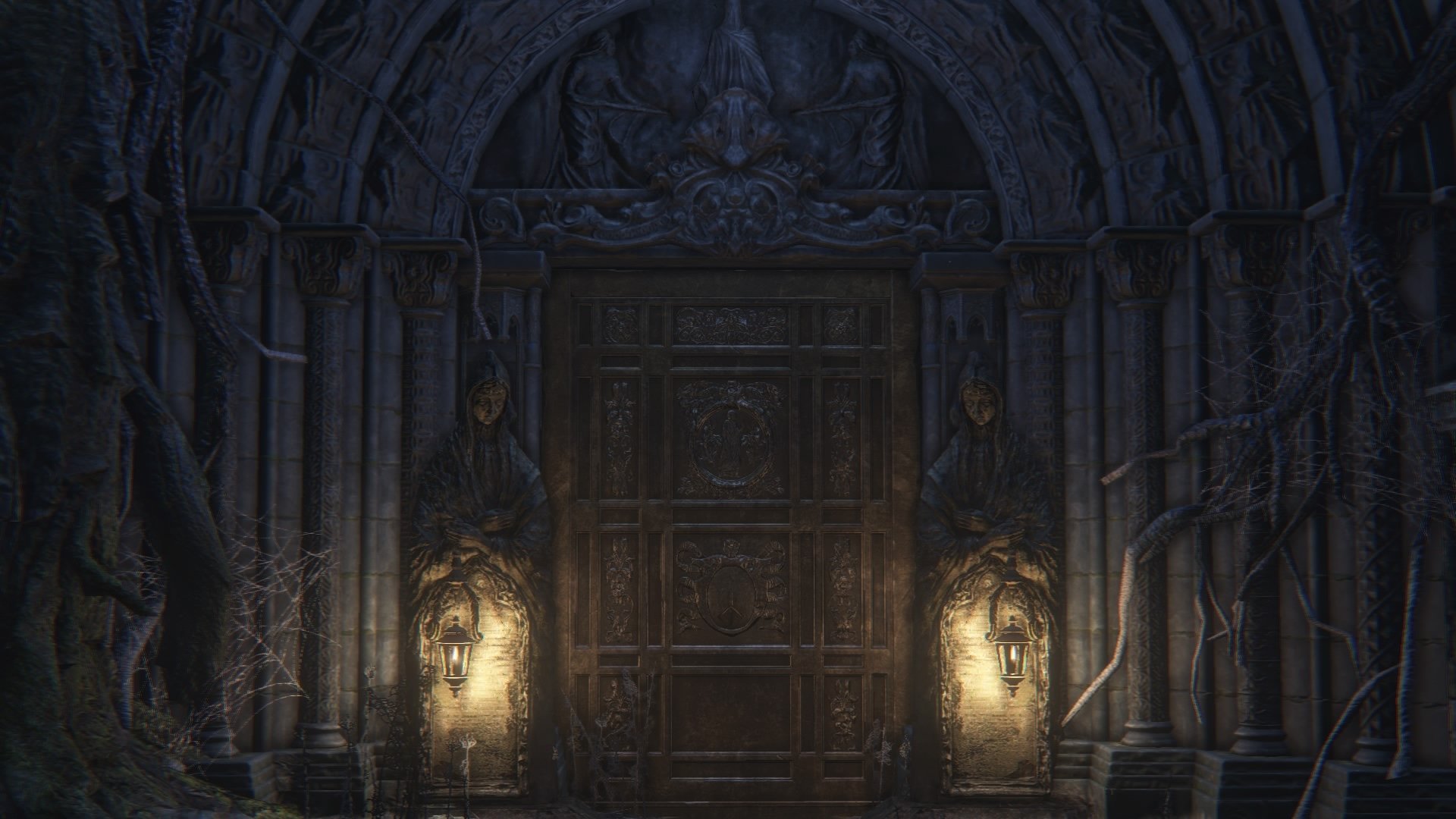 HD PC desktop wallpaper featuring a dark, gothic doorway from the video game Bloodborne, illuminated by eerie lanterns on either side.