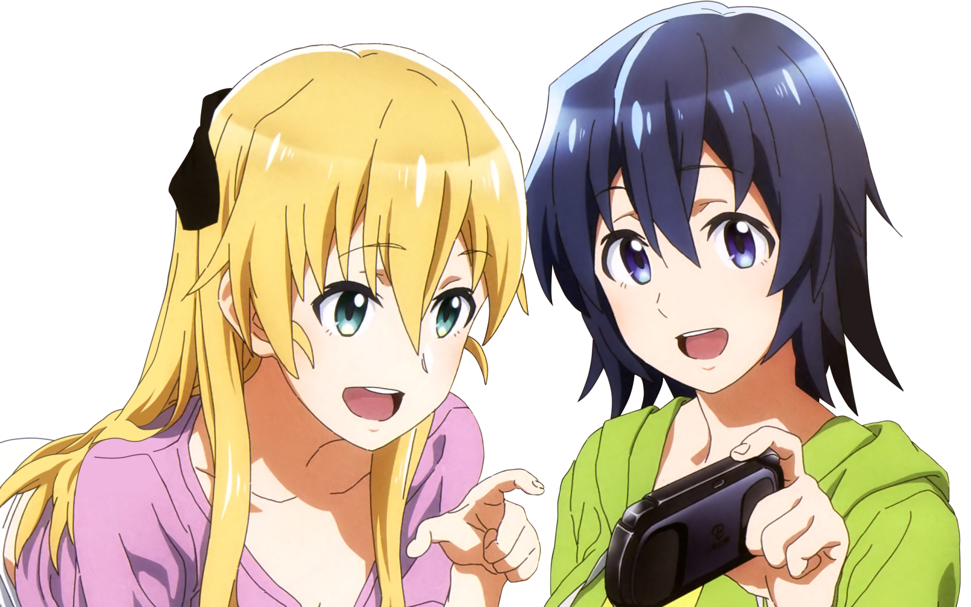 HD anime desktop wallpaper featuring Chiaki Hoshinomori and Karen Tendou gaming together, showcasing vibrant colors and expressive character designs.