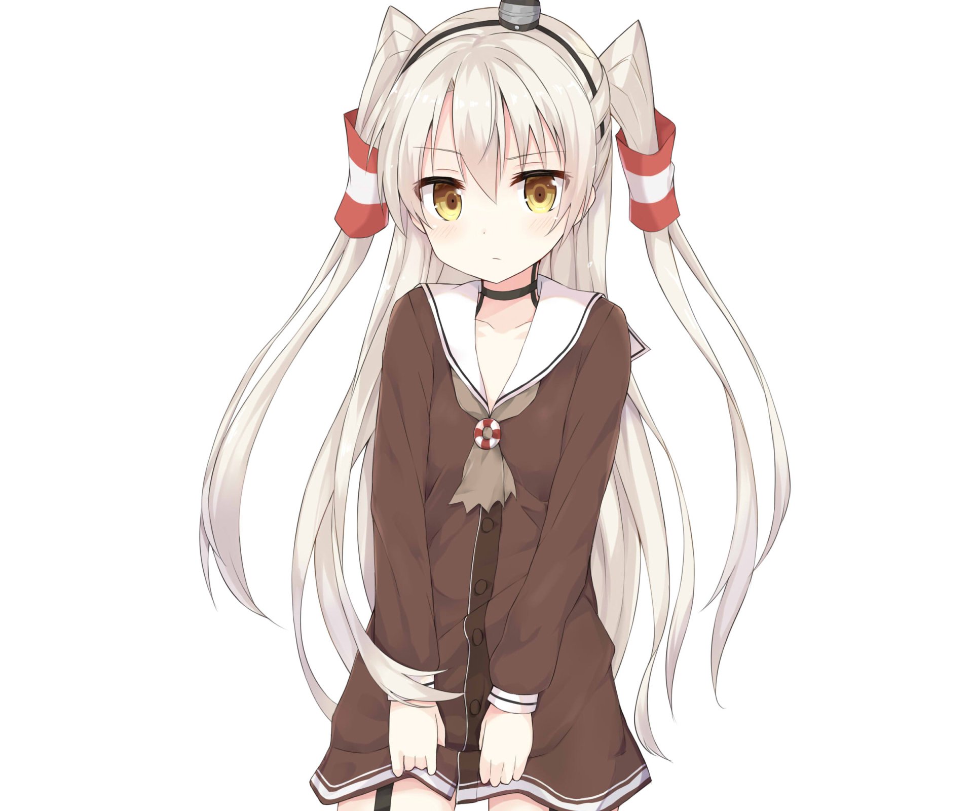 Amatsukaze from Kantai Collection (Kancolle): anime portrait with long white twin-tail hair, yellow eyes, brown sailor uniform on a clean white background — HD PC desktop wallpaper.