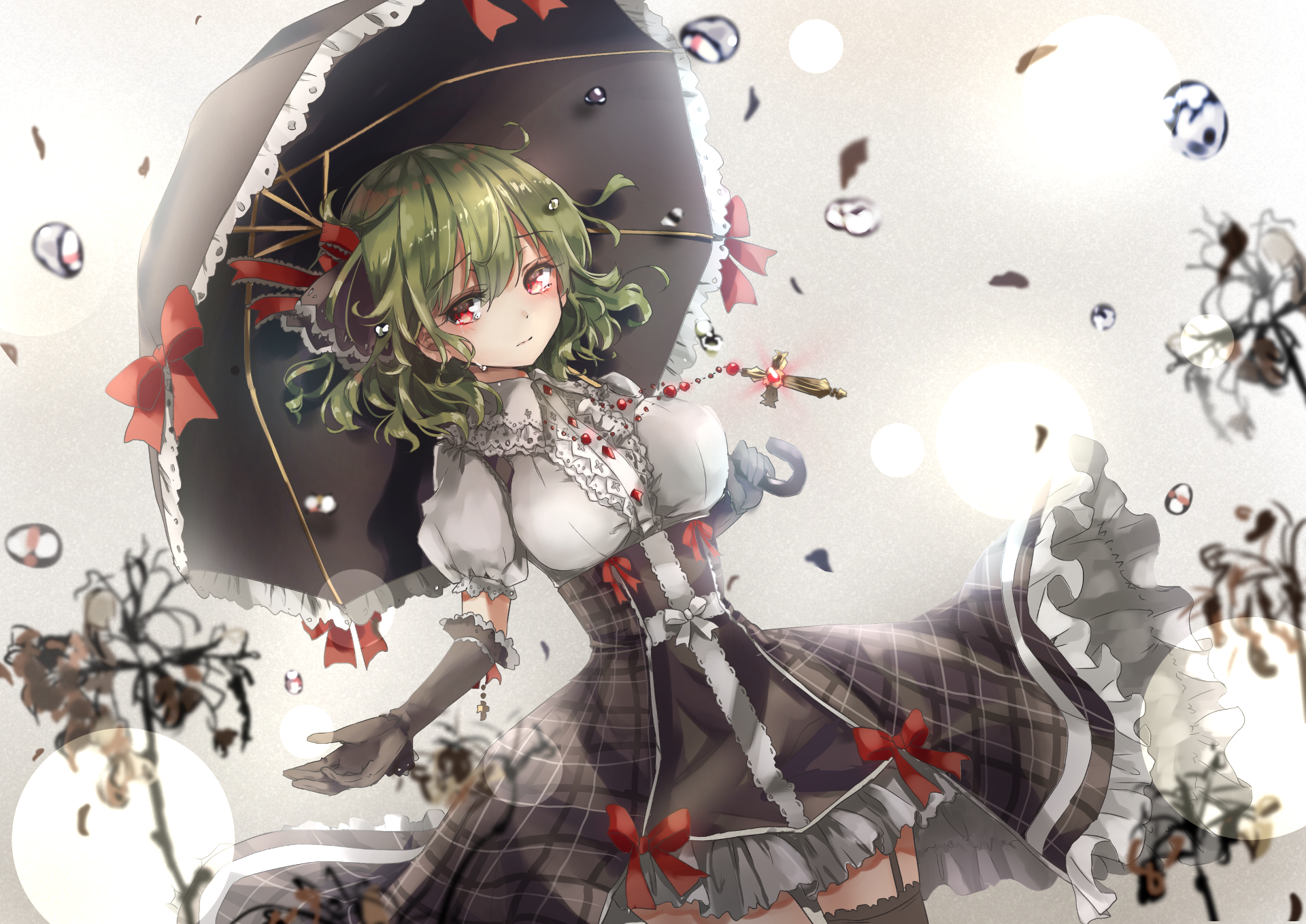 HD anime desktop wallpaper featuring Yuuka Kazami from Touhou, holding a parasol surrounded by floating flowers and petals in a soft, ethereal setting.