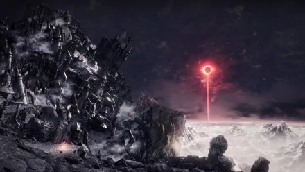 A dark, atmospheric 4K Ultra HD PC wallpaper from the video game Dark Souls III, featuring a shattered fortress and a glowing red ring in a misty landscape.