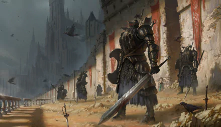 HD desktop wallpaper featuring Dark Souls II imagery. Several armored knights wielding swords stand ready in a medieval castle courtyard, with crows flying overhead and a gloomy cathedral in the background.