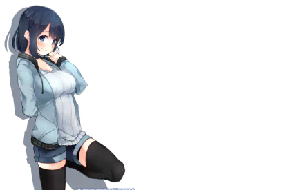 HD PC desktop wallpaper featuring Misaki Takasaki from the anime Love and Lies, depicted in a casual outfit with thigh-high socks and a hoodie.