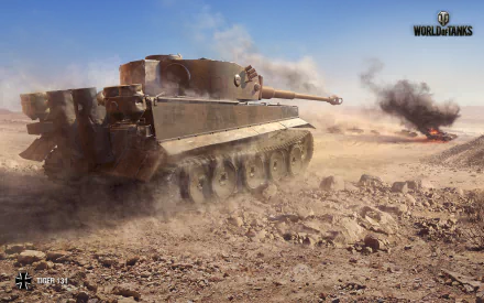 HD desktop wallpaper featuring the Tiger 131 tank in a desert battle scene from the video game World of Tanks.