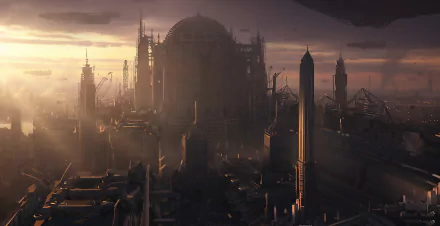 HD PC desktop wallpaper: sunlight bathes a sprawling sci‑fi city with a colossal domed building, towering spires and obelisks piercing the misty dusk.