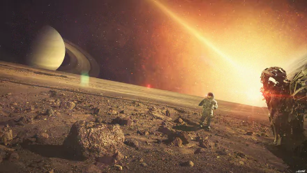 HD desktop wallpaper featuring a sci-fi scene with an astronaut exploring a rocky landscape, a large planet with rings in the background, and a radiant light illuminating the horizon.