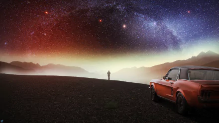 A red car parked on a dark fantasy landscape under a starry night sky, with a lone figure standing in the distance beneath the vibrant Milky Way.