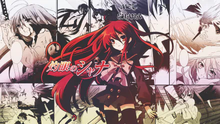 HD PC desktop wallpaper featuring Shana from the anime Shakugan No Shana, with dynamic red hair and action scenes in the background.