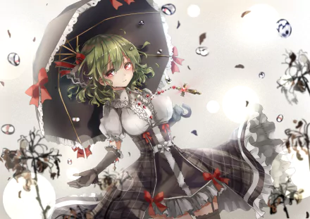 HD anime desktop wallpaper featuring Yuuka Kazami from Touhou, holding a parasol surrounded by floating flowers and petals in a soft, ethereal setting.