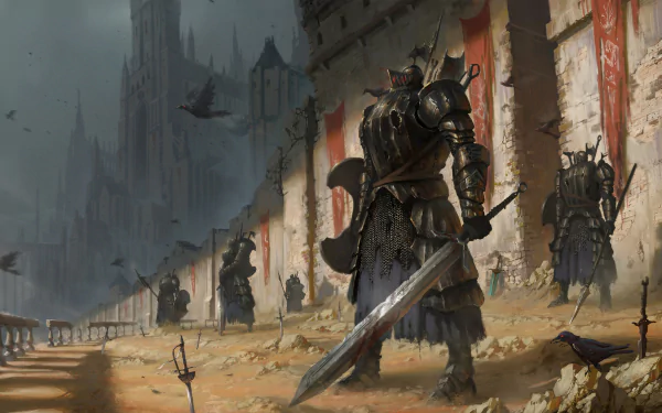 HD desktop wallpaper featuring Dark Souls II imagery. Several armored knights wielding swords stand ready in a medieval castle courtyard, with crows flying overhead and a gloomy cathedral in the background.