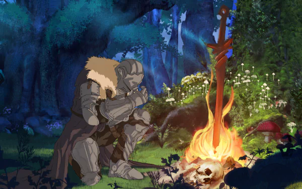 HD PC wallpaper from the video game Dark Souls II featuring an armored knight resting by a bonfire in a mystical forest setting.