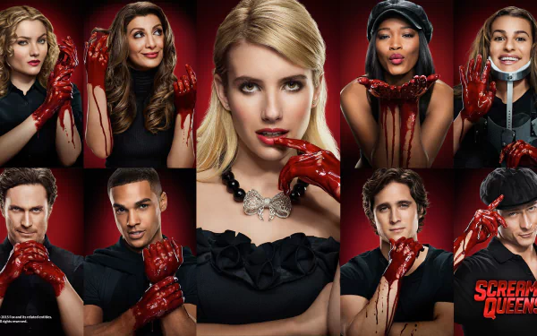 A striking HD wallpaper from Scream Queens, featuring a group of characters with red-gloved hands, set against a dramatic red background, exuding a blend of humor and horror.